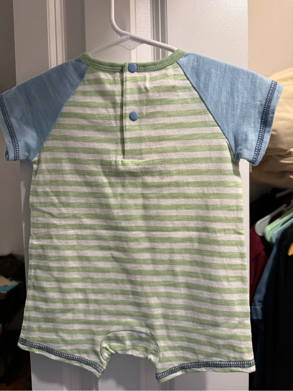 Mud Pie Striped Green & White Baby Romper with Blue Pocket and Bunny Applique